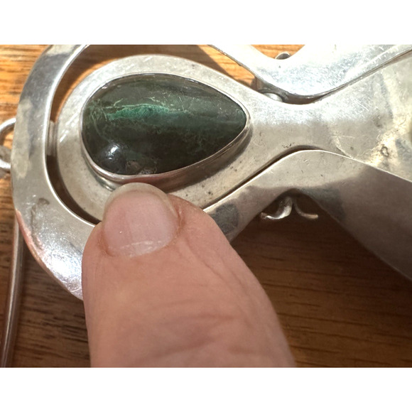 Modernist Sterling Silver Pendant Large 4" Hinged Green Eilat? Cabochon 62 Gr - Picture 16 of 16